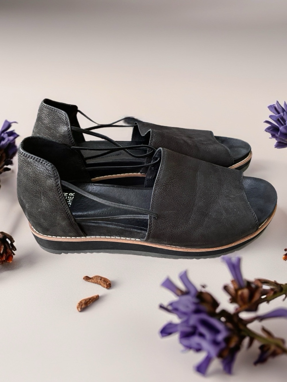 Eileen Fisher Black Leather Open-Toe Slingback Sandals - Picture 2 of 6